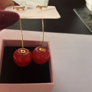 Gold Red Cherries Earrings